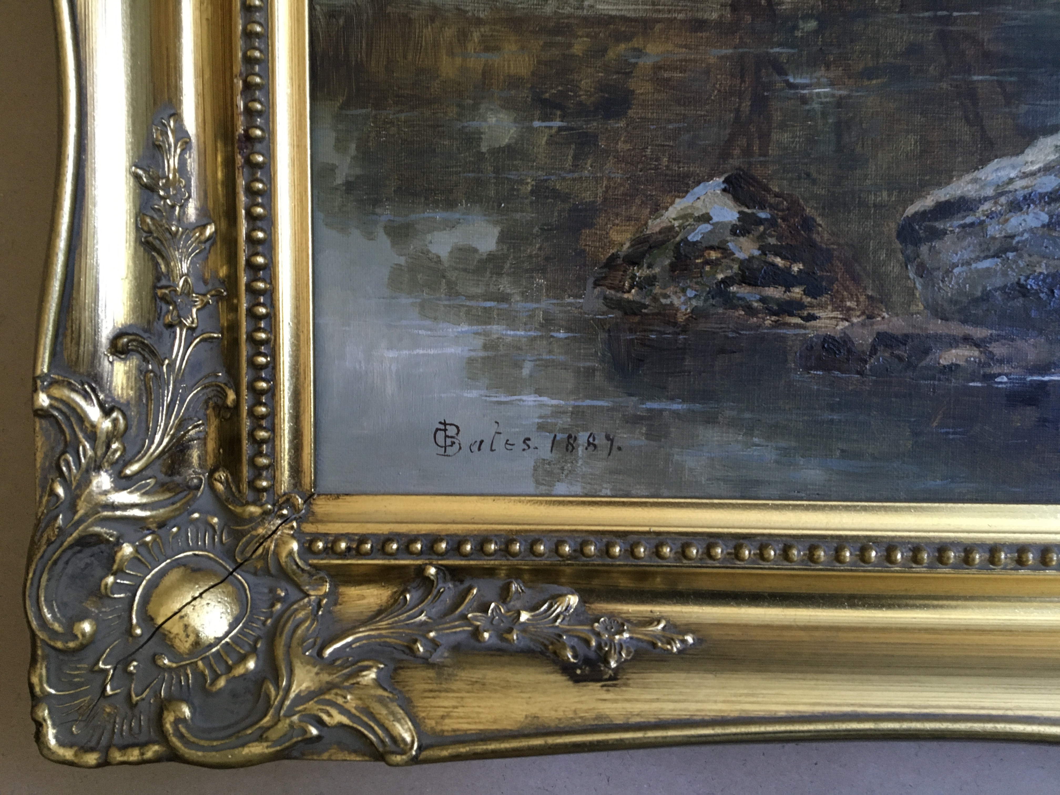 C. BATES. Framed, signed to base left and dated 1887, oil on canvas, man fishing in river with - Image 3 of 3