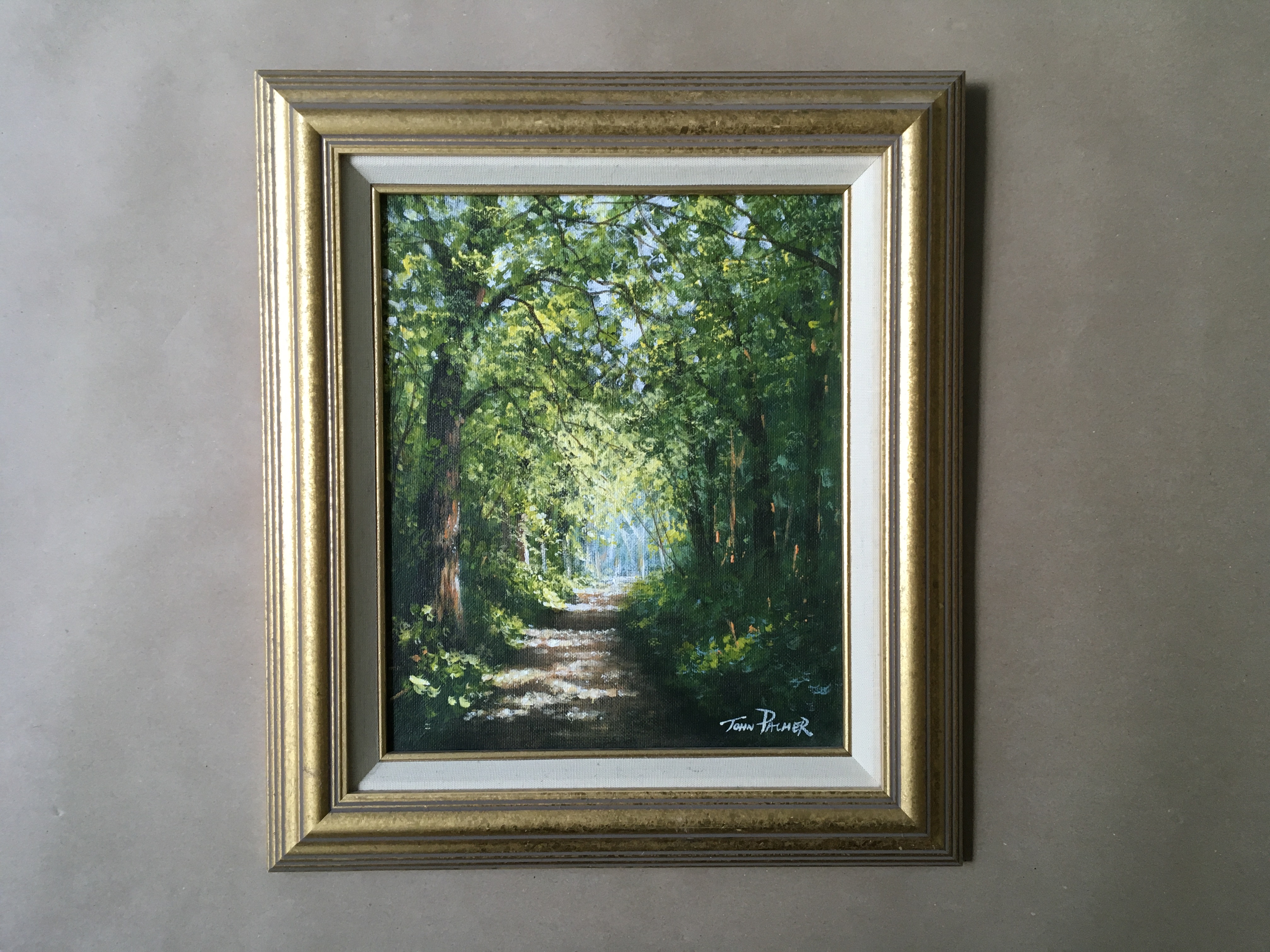 JOHN PALMER. Framed, signed to base right, oil on board, path through woodland, 29cm x 24cm. (ARR) - Image 4 of 4