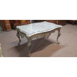 A pierced brass based white and red fleck marble to top coffee table. IMPORTANT: Online viewing