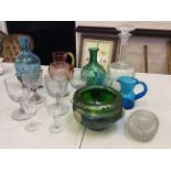 Selection of glass to include jugs, glasses, blue and green vases, ashtray and decanter with