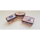 Three pink hand painted enamel pill boxes