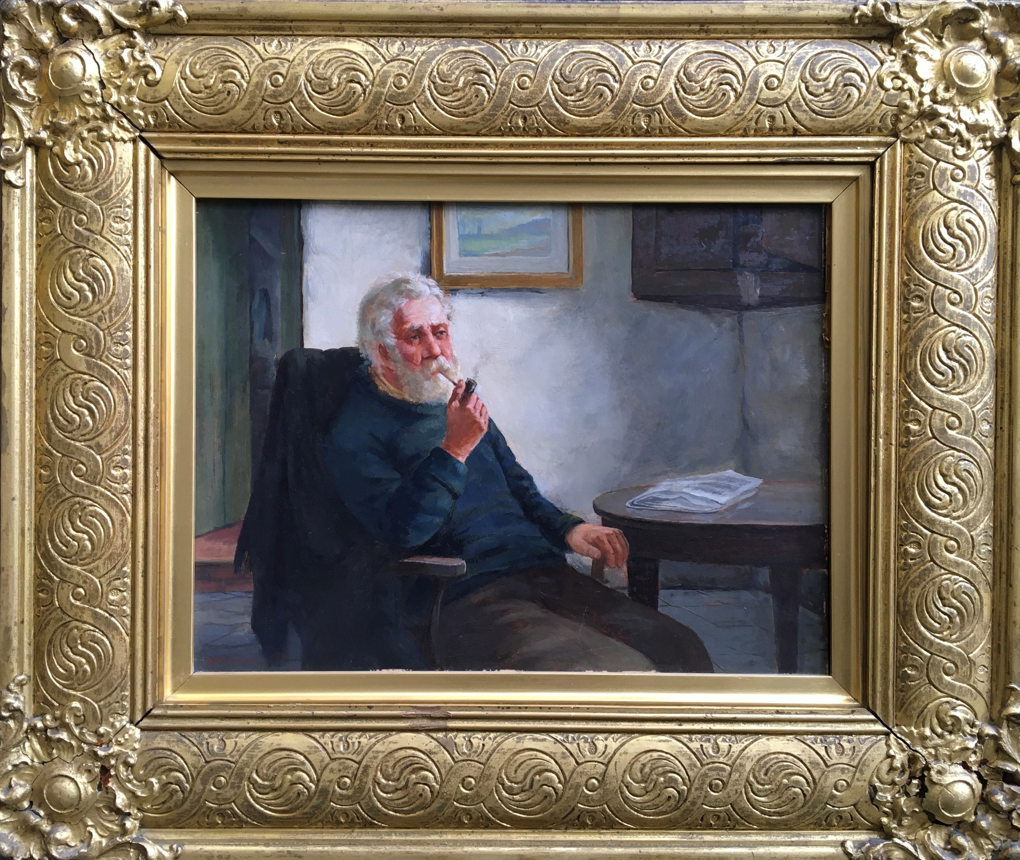 D.W. HADDON. Two framed, signed oil on board, gentleman wearing blue sweater smoking pipe and lady