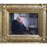 D.W. HADDON. Two framed, signed oil on board, gentleman wearing blue sweater smoking pipe and lady