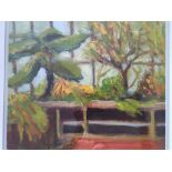 FRED BURROWS. Framed, signed, oil on paper, foliage in glass house, 31cm x 38cm. IMPORTANT: Online