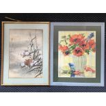 Framed Japanese painting on silk, two birds amongst bushes, 51.5cm x 35cm, with a framed print, vase