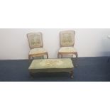 Two French style tapestry upholstered chairs with one double footstool. IMPORTANT: Online viewing