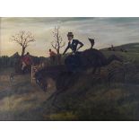 Framed, unsigned oil on canvas, figures fox hunting in rural landscape, 24cm x 34cm. IMPORTANT: