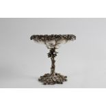 A silver plate log effect Tazza with grape vines column and base, approx. height 18.5cms. On line