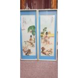Two Chinese framed mother of Pearl finished pictures depicting females with instruments.