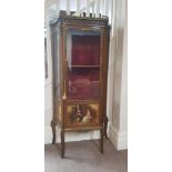 A walnut French single glazed door display cabinet with glass panel sides, brass and marble