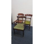 A mahogany scroll arm fluted leg carver chair together with a set of four mahogany Victorian and a