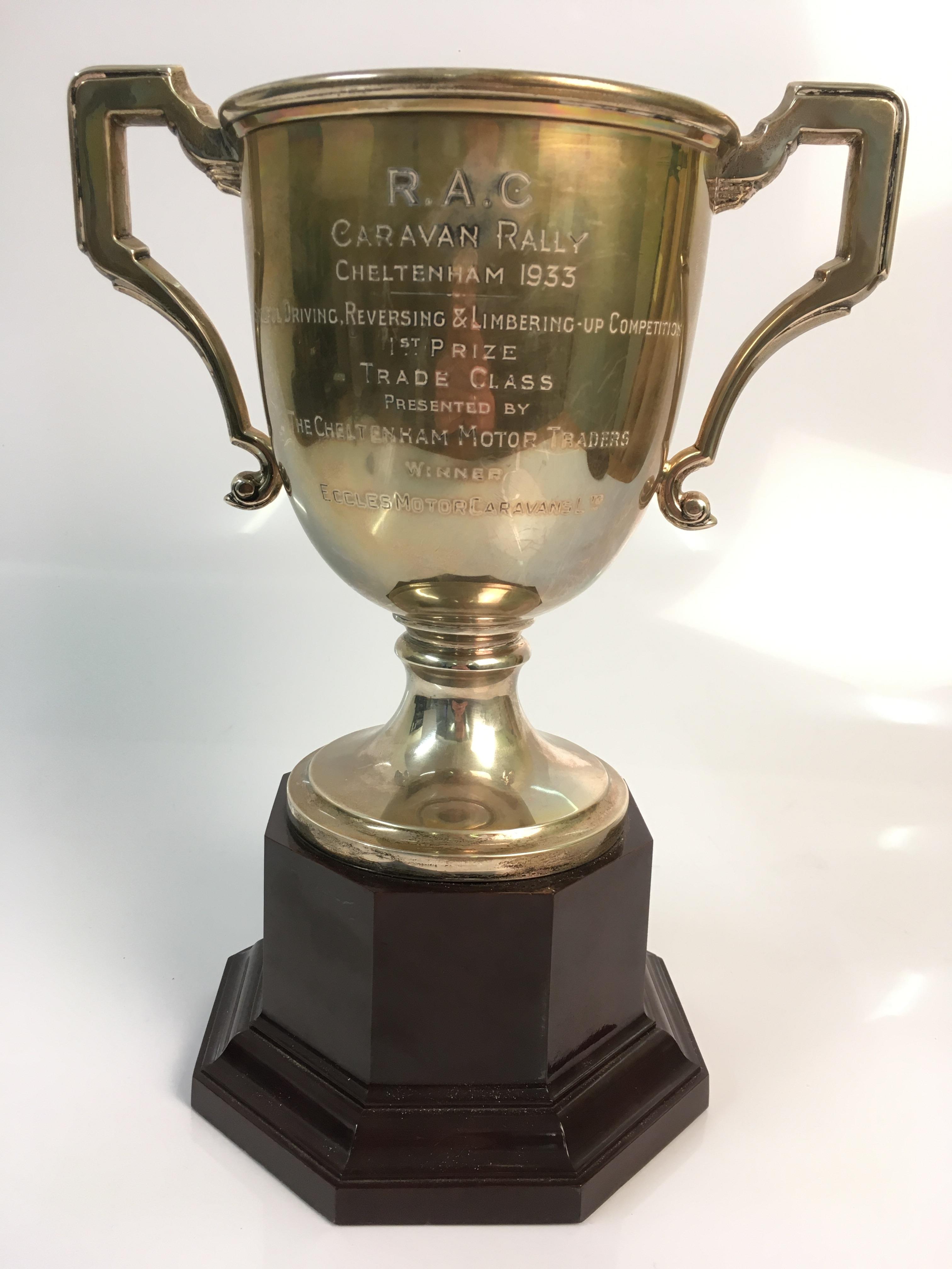 A silver two handled mounted on bakelite trophy marked 'R.A.C. Caravan Rally Cheltenham 1933 Skilful