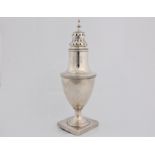 A George III silver pepper pot of urn form on square base with marks for London 1796 and Peter and