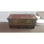 A solid mahogany blanket box fitted with three small drawers to base decorated with brass studs