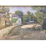 Two framed, unsigned oil on board, one winding road with houses and trees, 25.5cm x 35cm, one