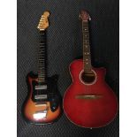 A Dixon electric guitar with a Guvnor red acoustic guitar. IMPORTANT: Online viewing and bidding