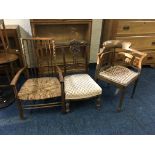 A mahogany inlaid corner chair together with a rush seated nursing chair and walnut nursing chair.