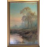 GEORGE WRIGHT. Framed, signed and dated 1892, figures walking between river and trees, 90cm x