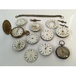 Two pocket watches together with a selection of watch faces, a chain and other parts. Online viewing