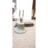 A sand cast bell tower bell, height 41cm, and wood bracket. IMPORTANT: Online viewing and bidding