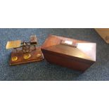 A rosewood tea caddy with a set of scales and a horn snuff box. IMPORTANT: Online viewing and