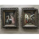Two framed crystoleum pictures, one couple drinking in interior, one man and woman outside tavern