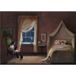 DEBORAH JONES. Framed, signed to base left, oil on board, girl in bedroom with cats, 19cm x 26.