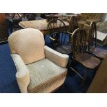 Four stick back dining chairs with one small upholstered lounge chair. IMPORTANT: Online viewing and