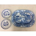 Set of four side plates with blue and white design, together with a Chinoiserie landscape dish.