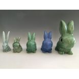 Six Sylvac rabbits in varying sized in green and blue. IMPORTANT: Online viewing and bidding only.