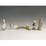Nao cat with Royal Doulton white cat, Beswick Jemima Puddle Duck, Andrew (AF) and Royal Albert