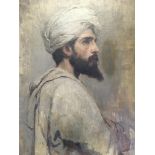 Framed, unsigned oil on canvas, bearded man wearing turban, 67cm x 49cm. IMPORTANT: Online viewing