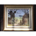 DORIS PHILLIPS. Framed, signed and titled ‘Springtime, Devonshire’, oil on board, path between fence