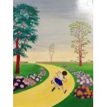 R. DE ALARCÓN. Framed, signed oil on board, girl riding bicycle along path surrounded by trees, 55cm