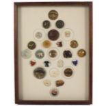 Buttons - a framed display of twenty five, themed around dogs, birds, elephants, fish, etc., some