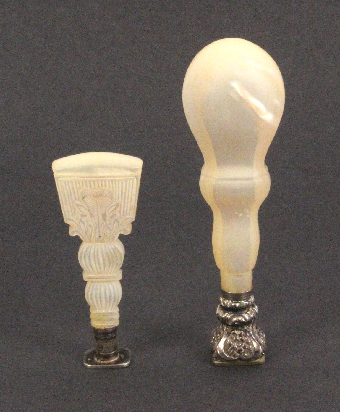 Two 19th Century French mother of pearl seals, comprising a Palais Royal style example with leaf