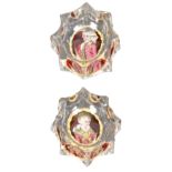 A pair of 18th Century glass salt of oval form, within eight point borders the bases set with