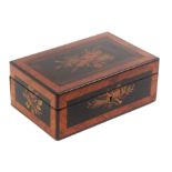 A mid 19th Century French rectangular box, the front inlaid with musical trophies, the lid with