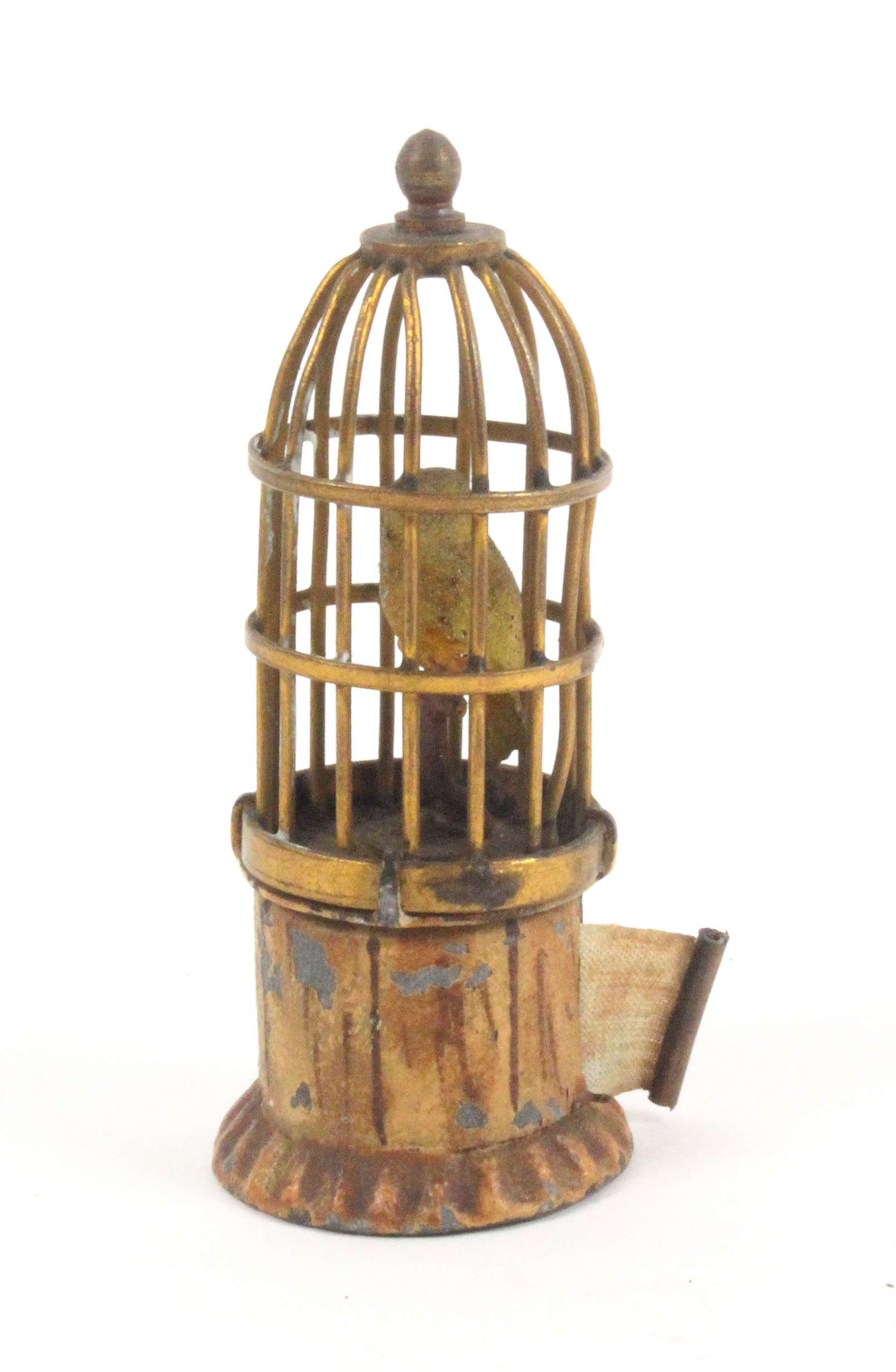 An Austrian cold painted brass novelty tape measure in the form of a bird cage, the tape wound by - Image 2 of 2