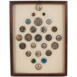 Buttons - a fine framed display of twenty four, including an 18th Century enamel example of cupid,