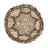 A rare late 18th Century circular watch case sampler, inscribed, initialled and dated 'Love the