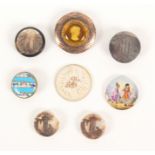 Buttons - eight 19th Century buttons comprising a porcelain example painted with a dandy and maiden,