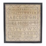A mid 19th Century sampler 'Harriot Mason', simply worked with rows of an alphabet and numerals