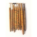 Eight decorated Honiton lace bobbins, comprising / a spiral inscribed in red and blue 'Weep not
