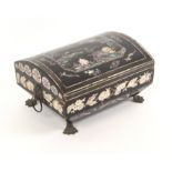 A rare Regency Chinese export sewing box of rectangular sarcophogal form, with domed lid, raised