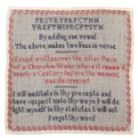 A fine orphanage style miniature 'riddle' sampler, early 19th Century, worked with two rows of upper