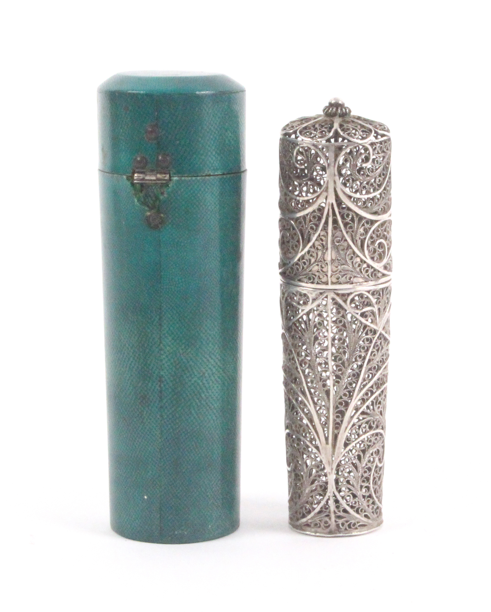 A fine silver filigree bodkin case contained in its original green shagreen case, the cylinder - Image 2 of 3