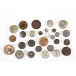 Buttons - twenty eight 'golden age' or 'colonial' buttons steel, copper and other materials, largest