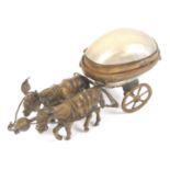 A Palais Royal style pin or thimble box, the mother of pearl hinged egg on a two wheel chassis