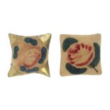 Two early 19th Century velvet and floral painted square form pin cushions, one with gilt foil